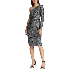 Lauren Ralph Lauren Women One-Shoulder Lace Cocktail Dress Lined Black Silver 4*